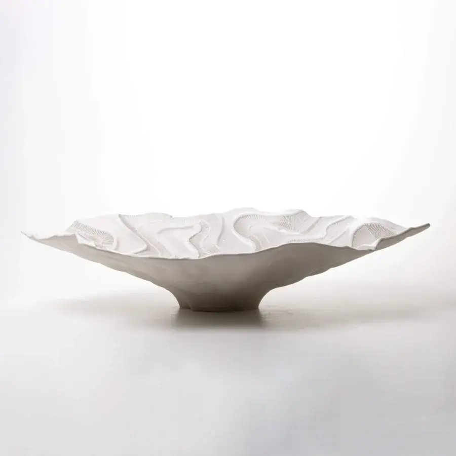 Elegant FOS Ceramiche Opensea centerpiece crafted in biscuit porcelain with a matte finish and undulating silhouette