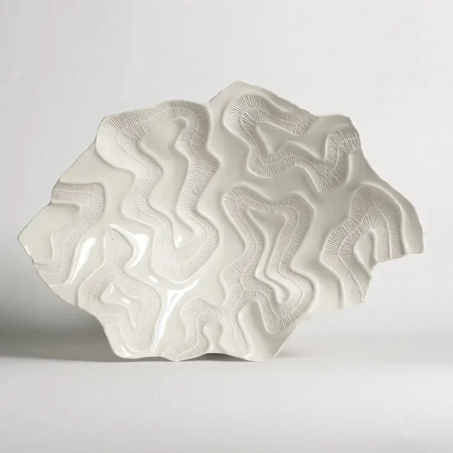 Superior FOS Ceramiche Opensea centerpiece in bright white biscuit porcelain with raised linear patterns evoking coral formations
