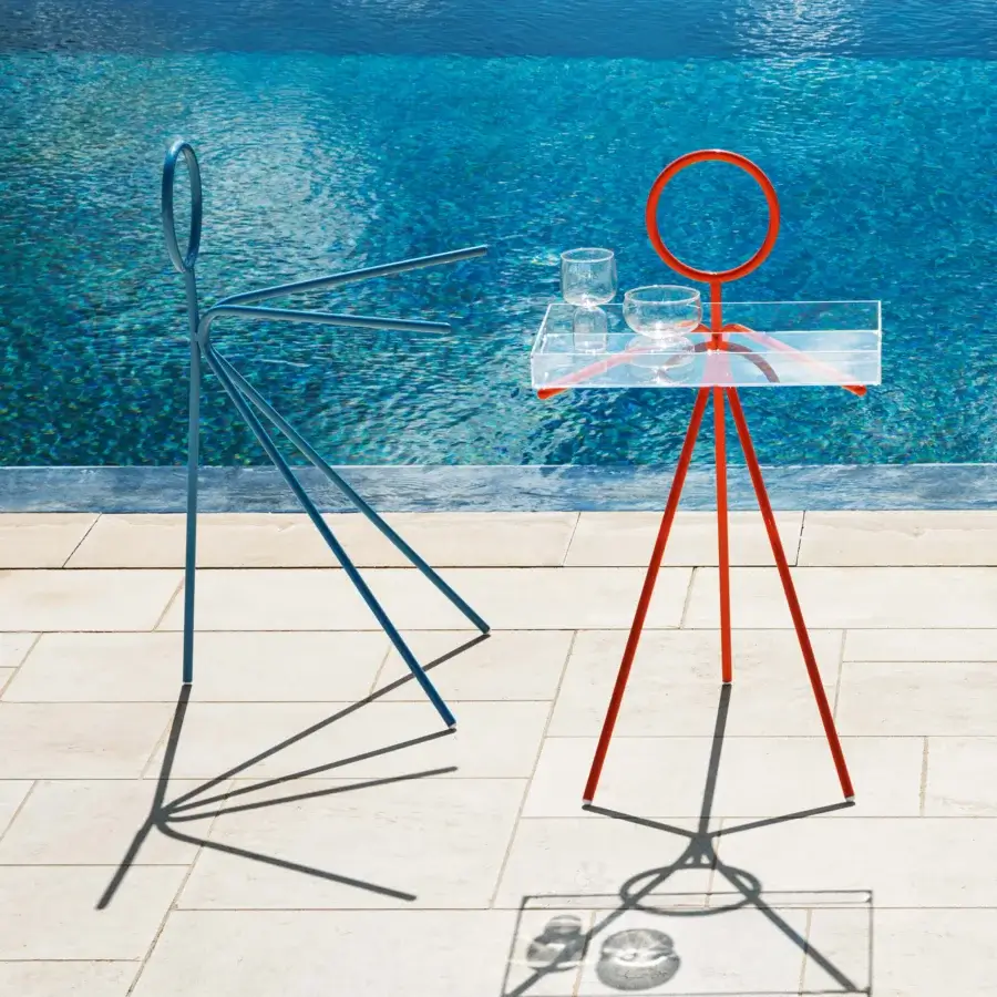 Distinguished MY YOUR Steward multi-purpose stand with curved metal in teal blue and a bright red stand complete with a clear plastic tray and satin finish
