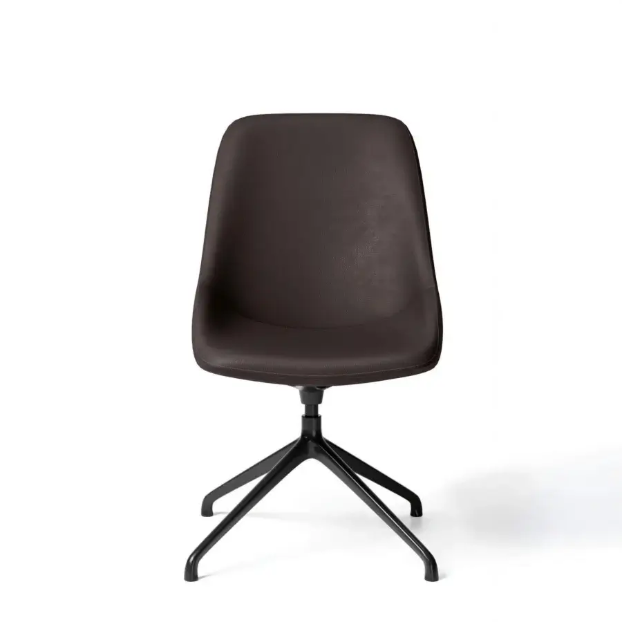 Exceptional Dallagnese Le Mans chair with dark brown fabric upholstery, hand-quilted detailing and sleek black metal swivel base