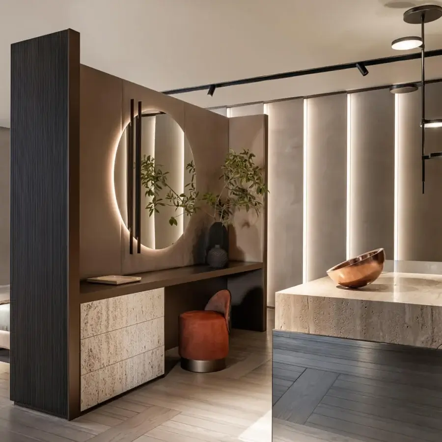 Distinguished Shake Line mirror with circular and rectangular forms crafted in varnished steel and warm earthy brown mirror glass, illuminated with a subtle halo