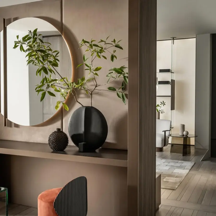 Superior Shake Line mirror with layered construction in varnished steel and warm medium-brown tones with a satin finish