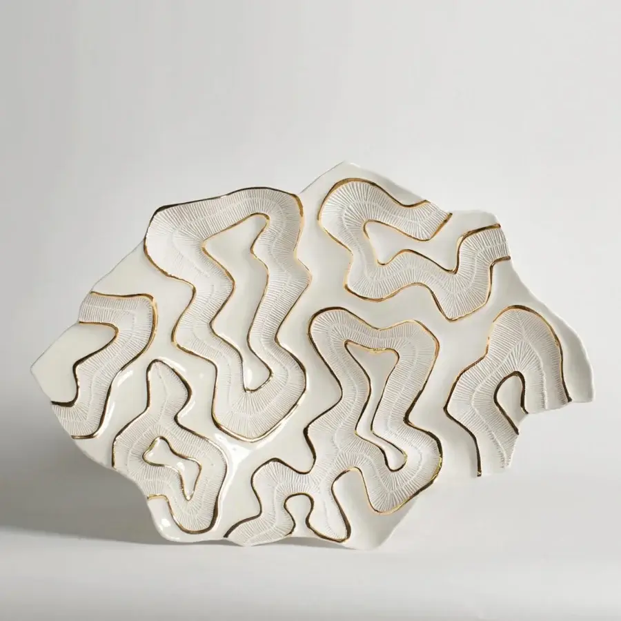 Lavish FOS Ceramiche Opensea centerpiece crafted from biscuit porcelain with textured surface and hand-applied 23K gold detailing