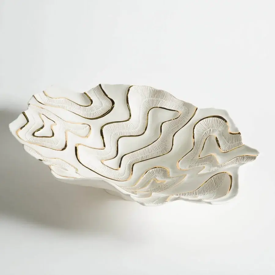 Superior FOS Ceramiche Opensea centerpiece crafted from biscuit porcelain with hand-applied 23K gold and radiant matte finish