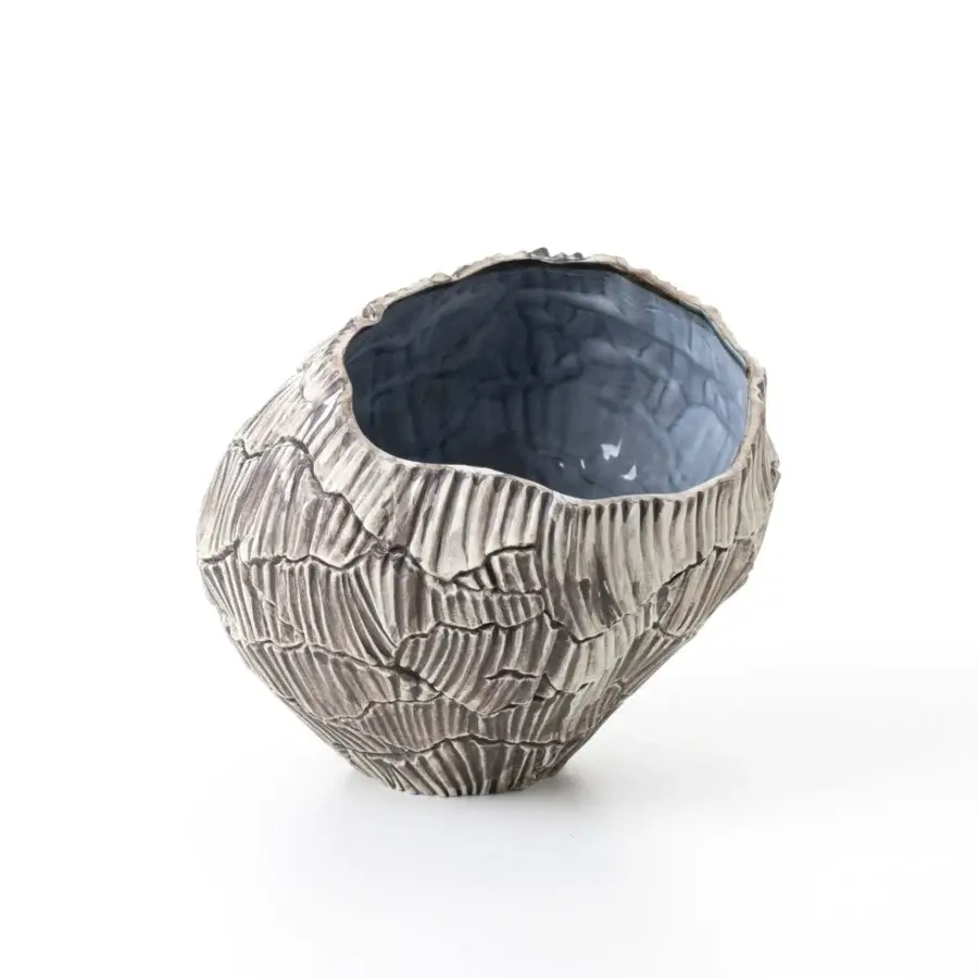 Exceptional FOS Ceramiche Zefiro Rock vase crafted from pure white porcelain with a rough, uneven texture and muted gray tones