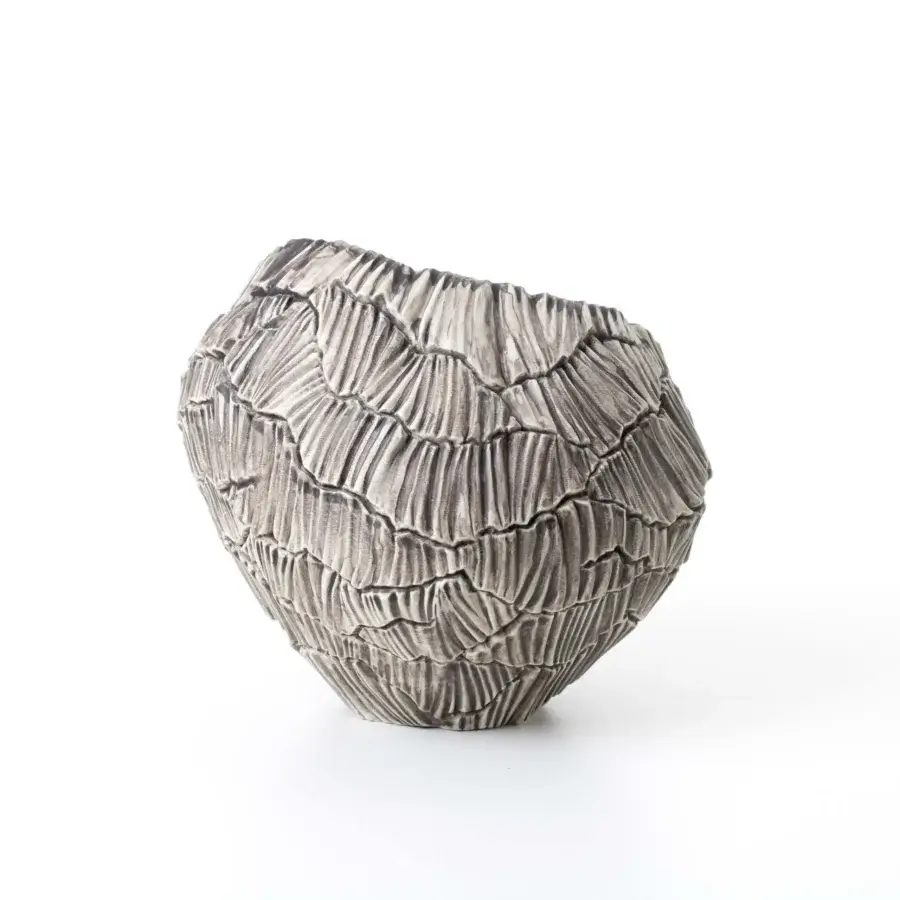 Captivating FOS Ceramiche Zefiro Rock vase crafted in pure white porcelain with a matte, heavily textured surface