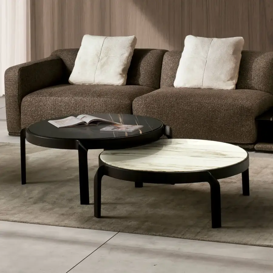 Superior CTS Salotti Tape coffee table with curved solid wood frame and creamy white marble paired with dark porcelain stoneware