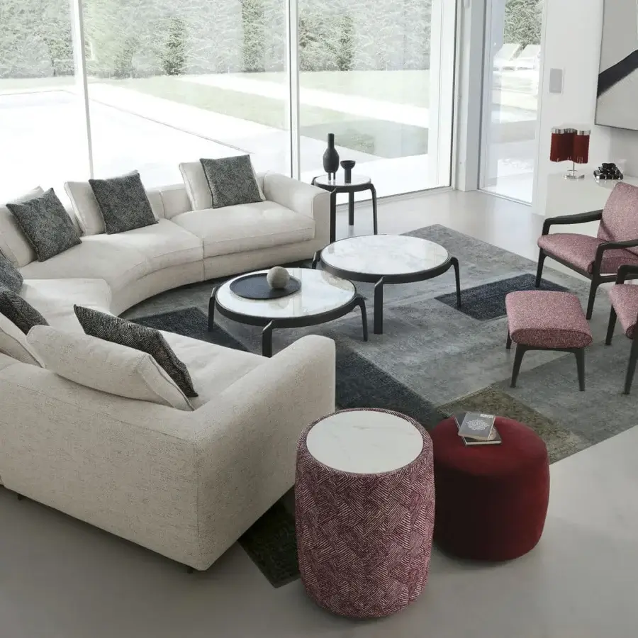 Distinguished CTS Salotti Tape coffee table with a gracefully curved solid wood frame in matte black and polished marble tabletop