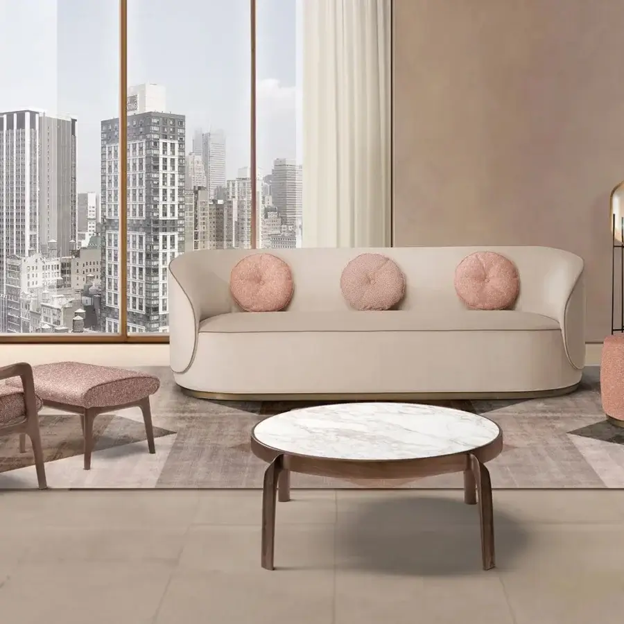Captivating CTS Salotti Tape coffee table crafted in solid wood with white and gray veined marble tabletop and satin finish