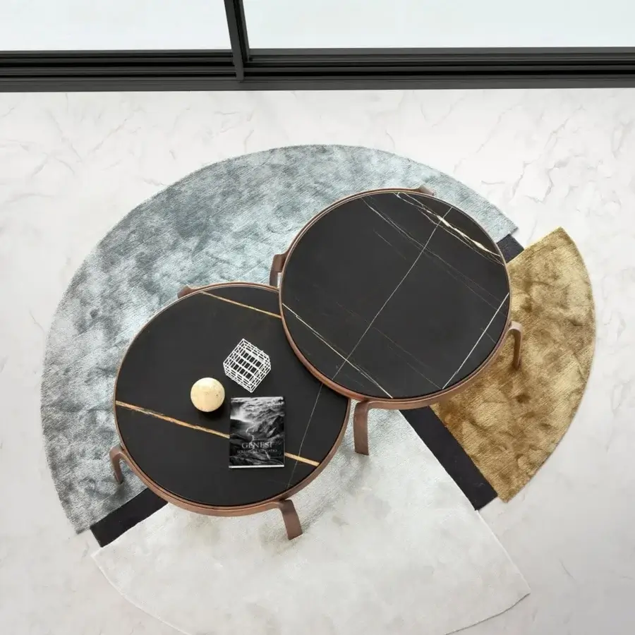 Elegant CTS Salotti Tape coffee table built in solid wood with dark marble tabletop and polished smooth finish