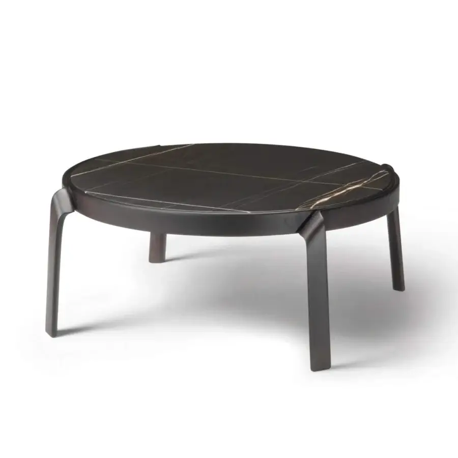 Superior CTS Salotti Tape coffee table built in dark solid wood with polished dark marble showcasing gold and beige veining