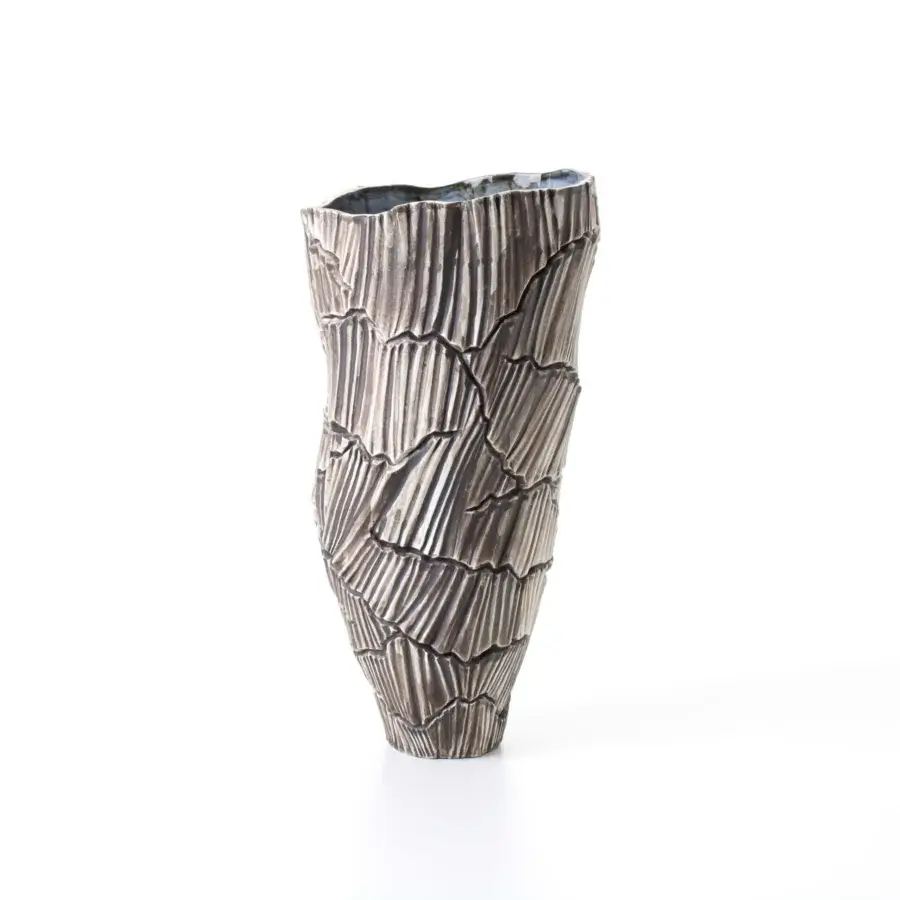 Distinguished FOS Ceramiche Meltemi Rock vase crafted from pure white porcelain with a matte finish and grayish-brown textured ridges