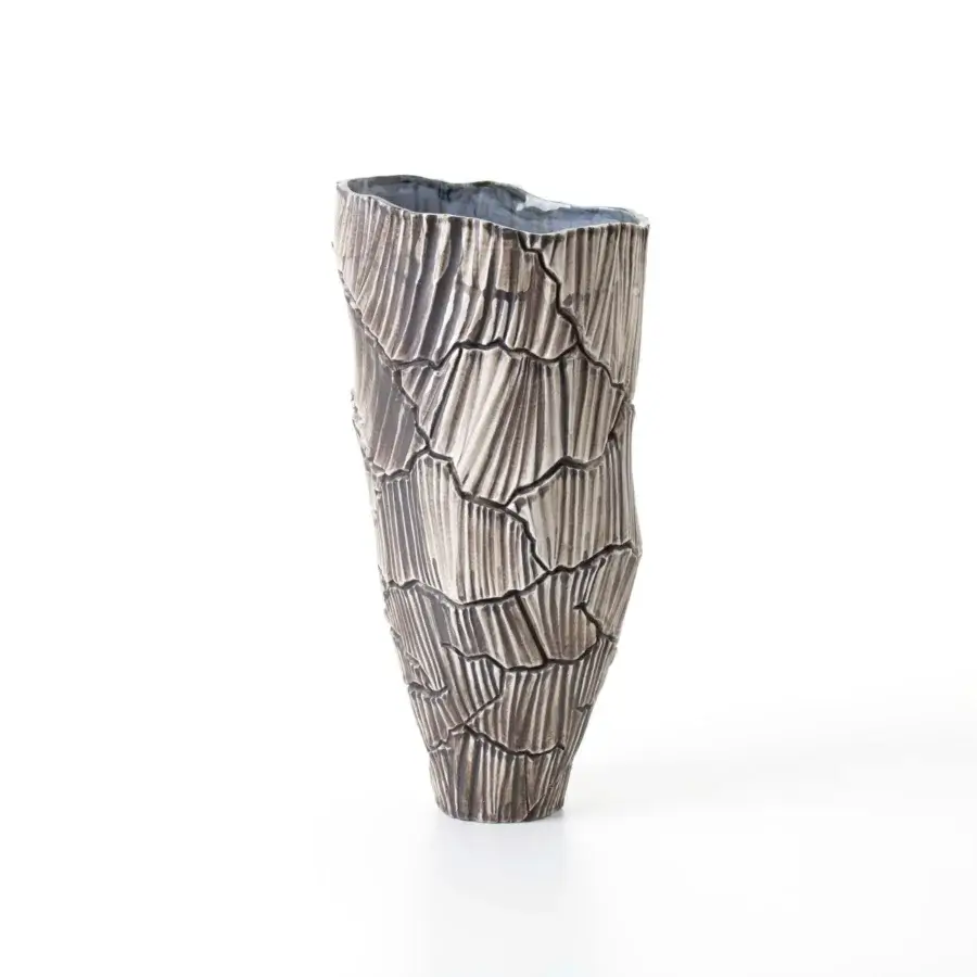 Exclusive FOS Ceramiche Meltemi Rock vase crafted in porcelain with textured gray surfaces and precious metal accents