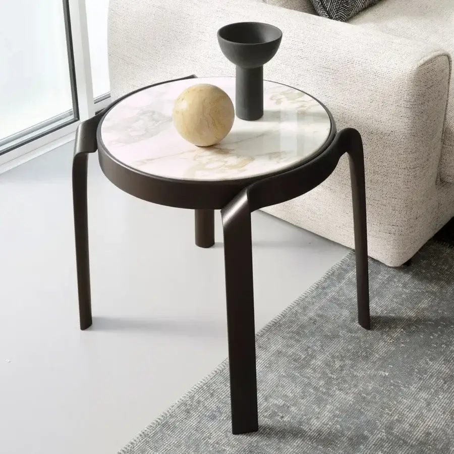 Distinguished CTS Salotti Tape side table with a gracefully curved solid wood frame and marbled beige tabletop in a satin finish