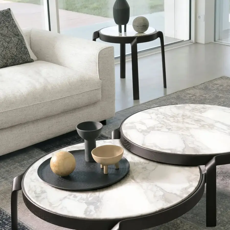 Elegant CTS Salotti Tape side table with a gracefully curved solid wood base and polished grey and white veined marble tabletop