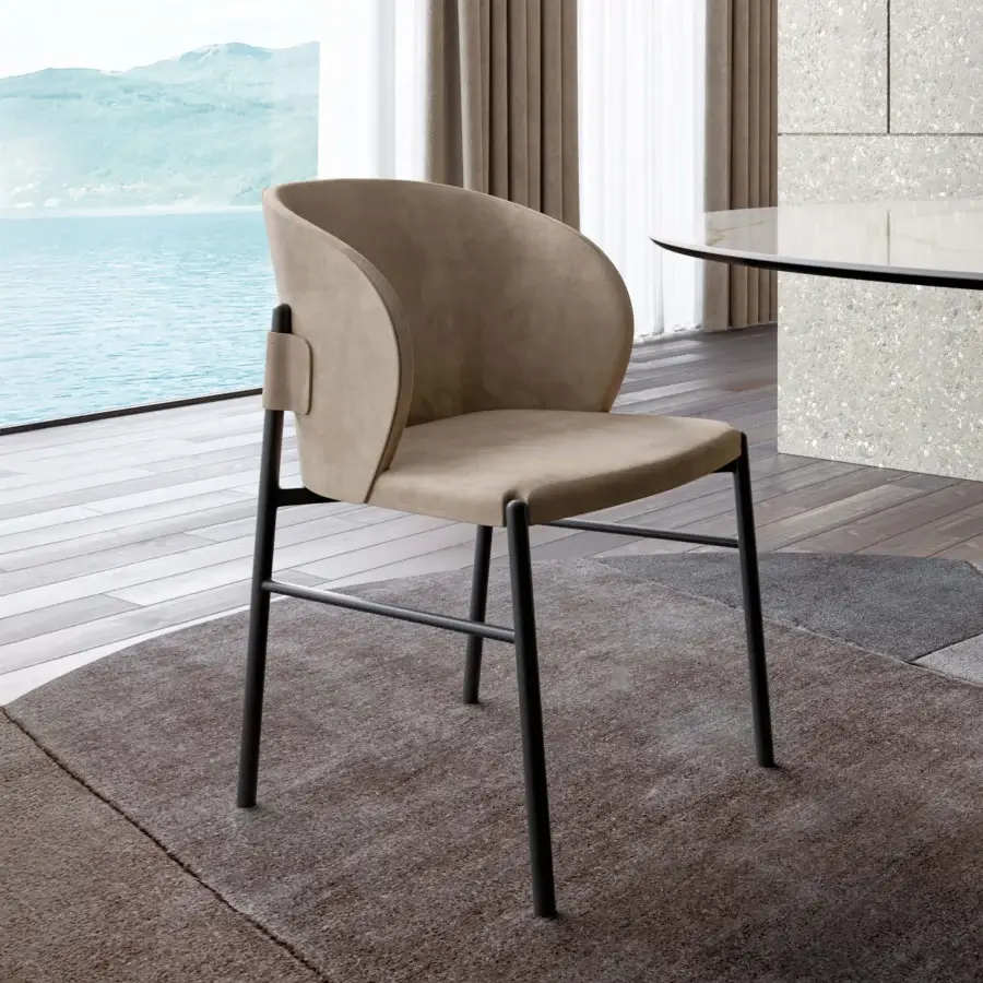 Refined Dallagnese Supernova chair upholstered in muted taupe fabric or leather with a dark matte gray metal frame and curved backrest