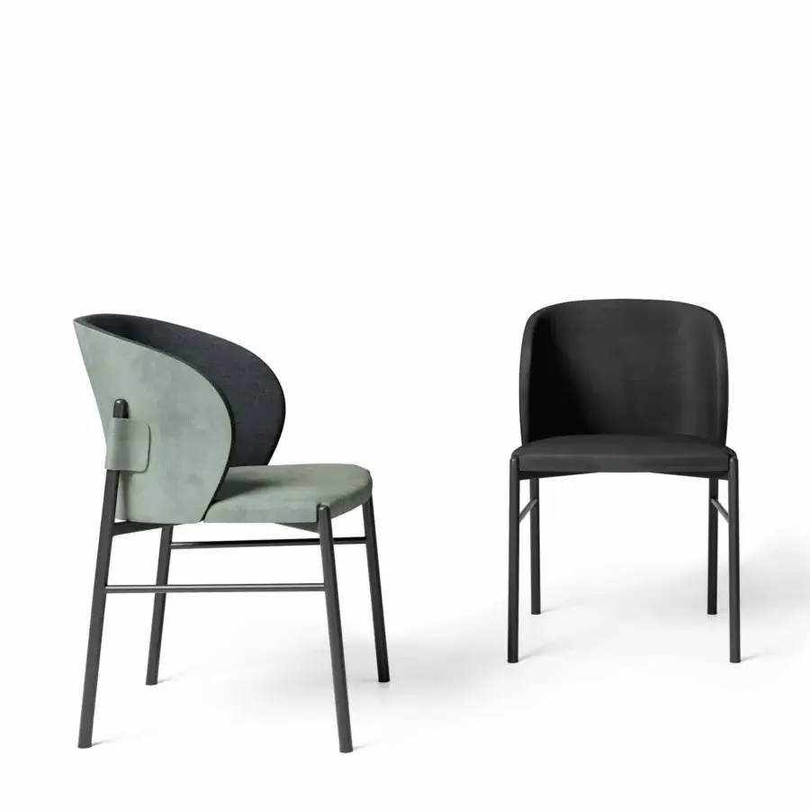 Exceptional Dallagnese Supernova chair with gently curved backrest and two-tone muted green and dark gray textile upholstery in a matte dark finish