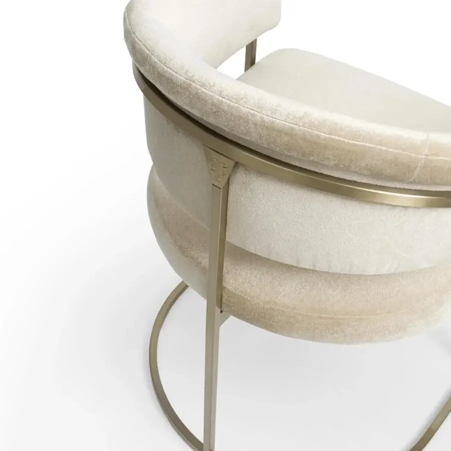 Lavish Visionnaire Clem armchair with light beige textile upholstery and polished golden tone chrome brass frame