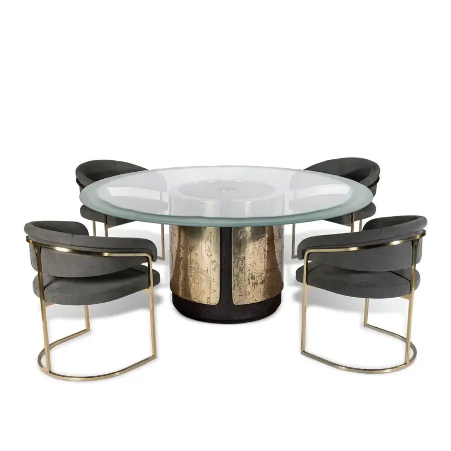 Distinctive Visionnaire Clem armchair in dark gray matte textile with engraved chrome brass frame and curved plywood construction