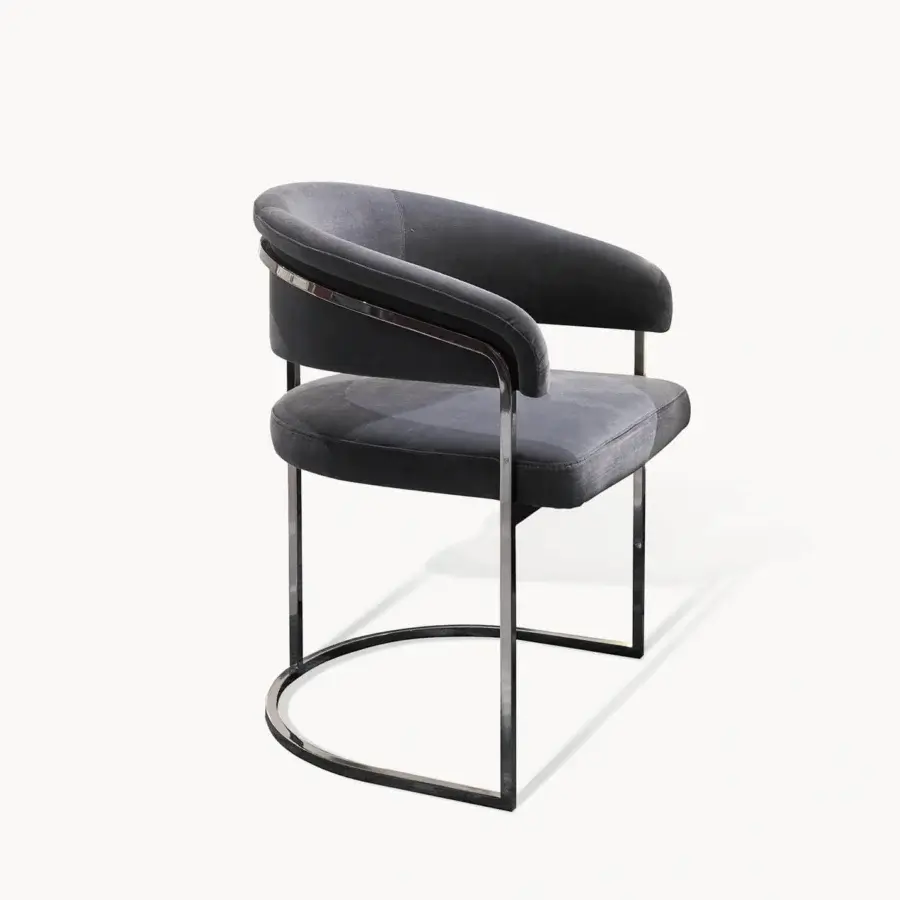 Elegant Visionnaire Clem armchair in deep charcoal gray premium fabric with satin chrome brass frame