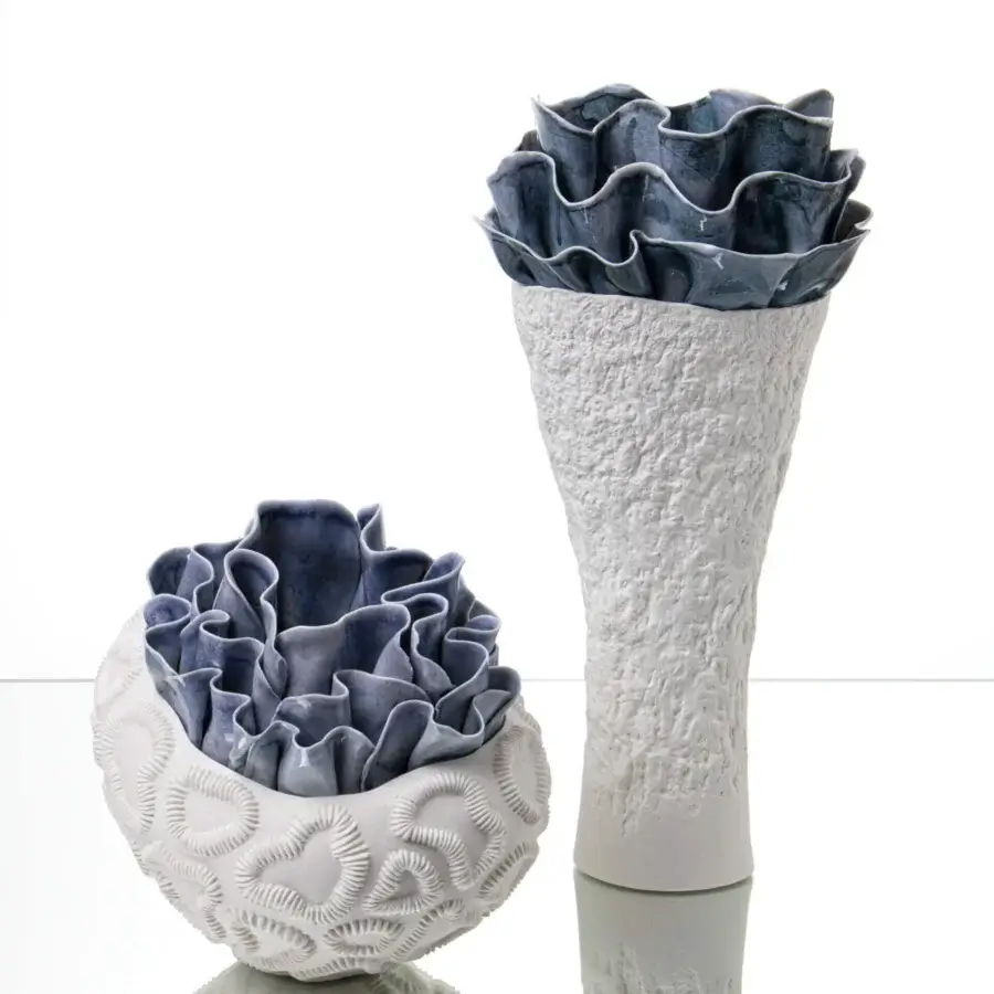 Exceptional FOS Ceramiche Antholia Blue vase crafted in white biscuit porcelain with nuanced blue and gray glazing and a matte finish