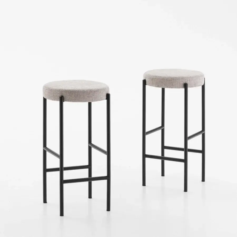 Elegant Dallagnese Supernova stool with neutral beige textile and slender matte black metal rod structure