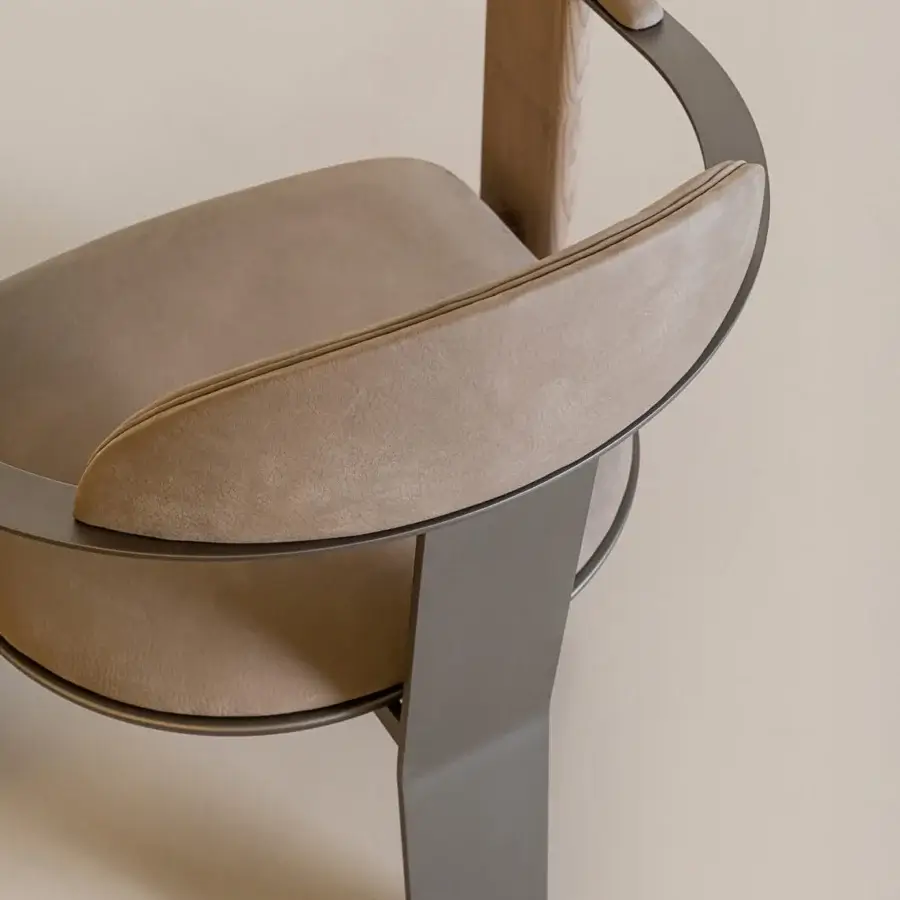 Superior Shake Ego armchair with neutral beige textile, dark gray powder-coated steel, and satin-finish wood armrests