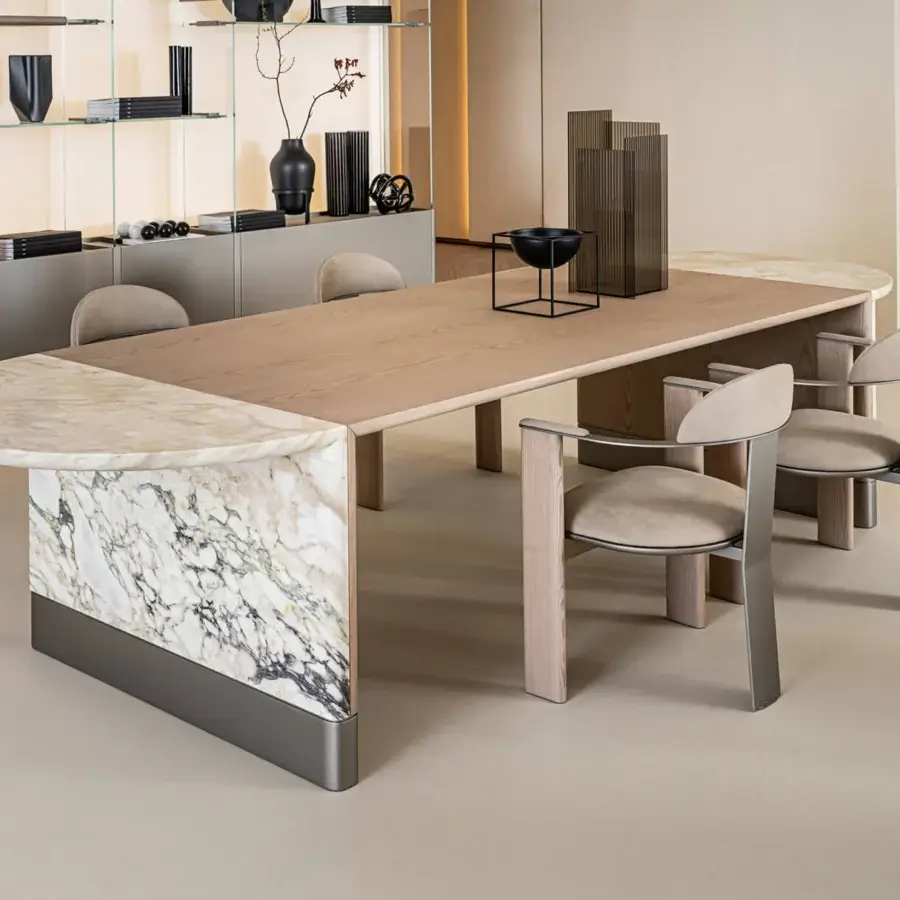 Distinguished Shake Ego armchair with smooth neutral gray fabric, varnished steel and solid ash wood construction