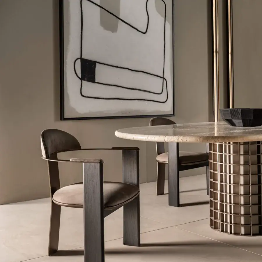 Superior Shake Ego armchair with warm beige textile, solid ash wood and varnished steel, crafted in Italy