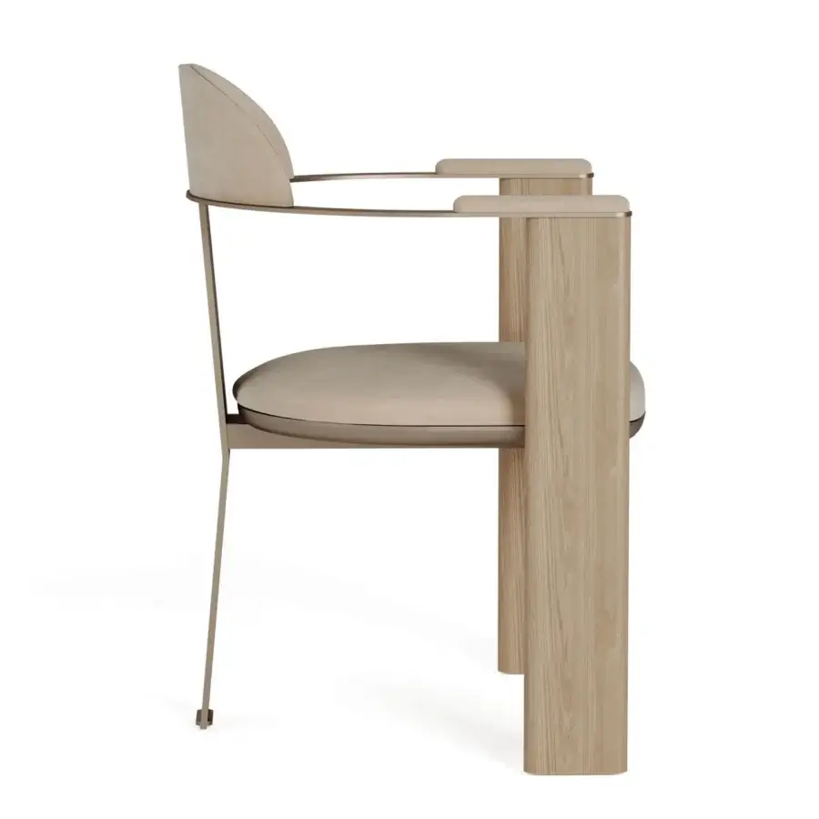 Distinguished Shake Ego armchair with neutral beige upholstery, varnished steel and solid ash wood construction