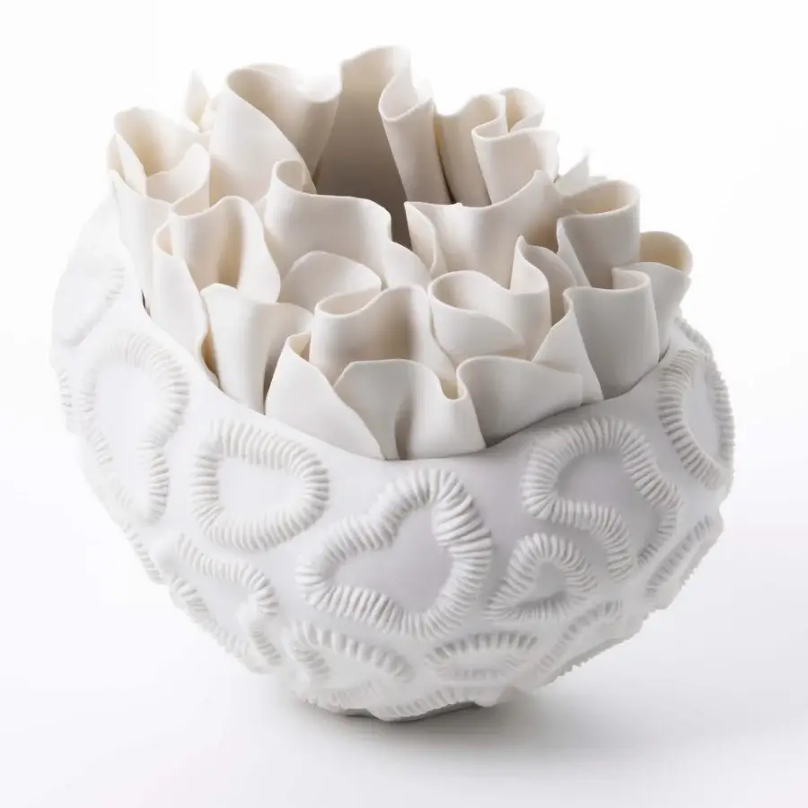 Exceptional FOS Ceramiche Antholia vase crafted in white biscuit porcelain with a delicate madreporic texture and matte finish