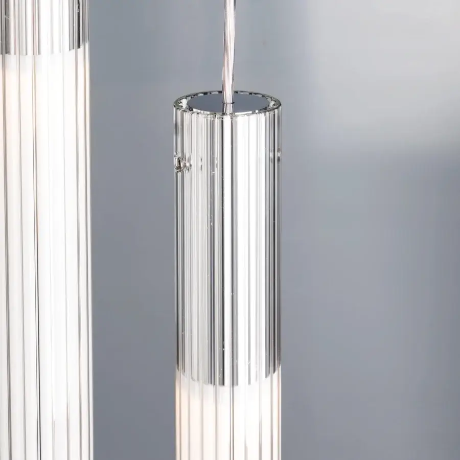 Elegant Nemo Lighting Ilium suspension lamp with transparent ribbed glass and aluminum built for warm white illumination