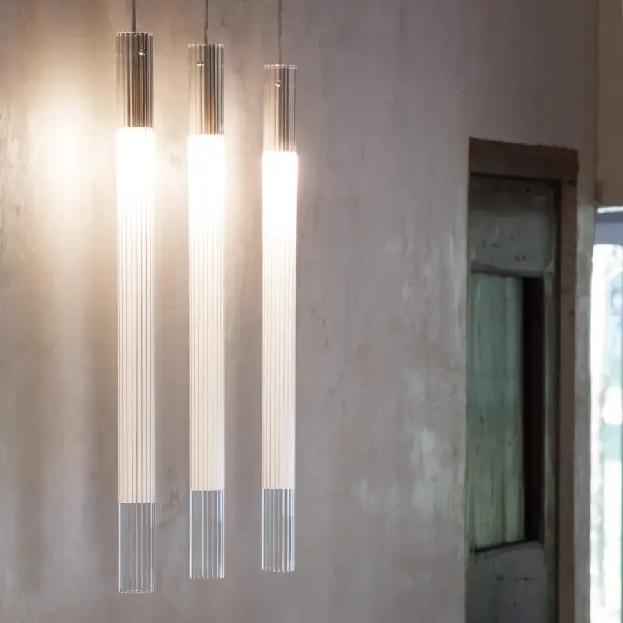 Distinguished Nemo Lighting Ilium suspension lamp built in ribbed glass and aluminum with satin finish delivering diffused illumination