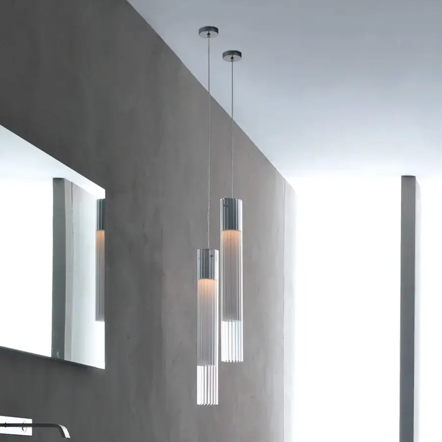 Exclusive Nemo Lighting Ilium suspension lamp built in brushed aluminum with transparent ribbed glass and opal polymer shade