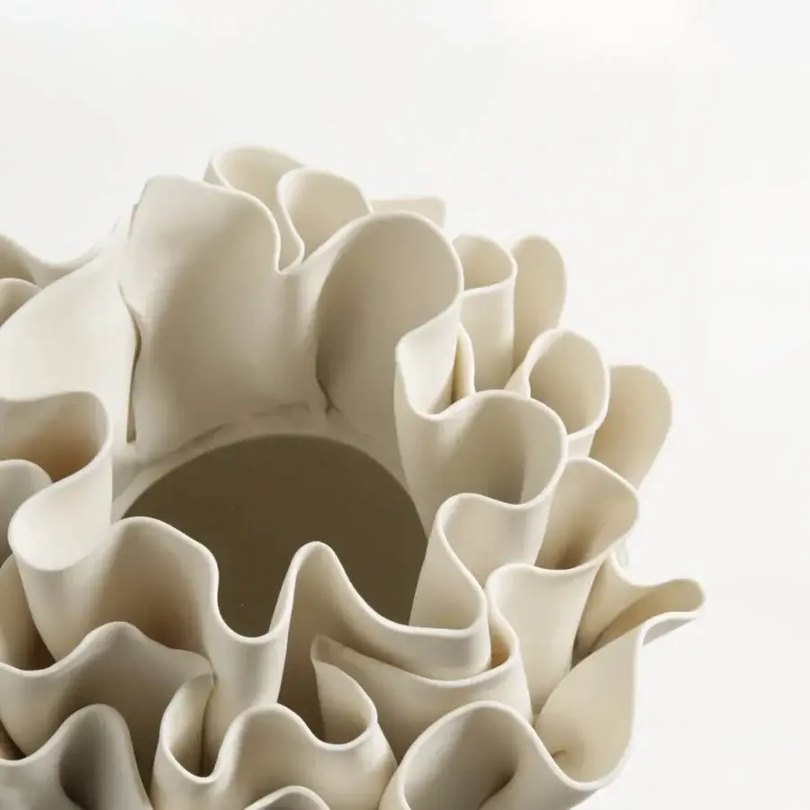 Elegant FOS Ceramiche Fiordimar vase crafted in white biscuit porcelain with organic undulating form and textured surface