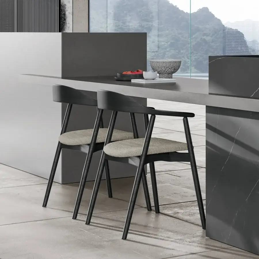 Exceptional Dallagnese Wolly chair crafted with solid wood and upholstered textile, exhibiting a dark matte finish with gently curved lines