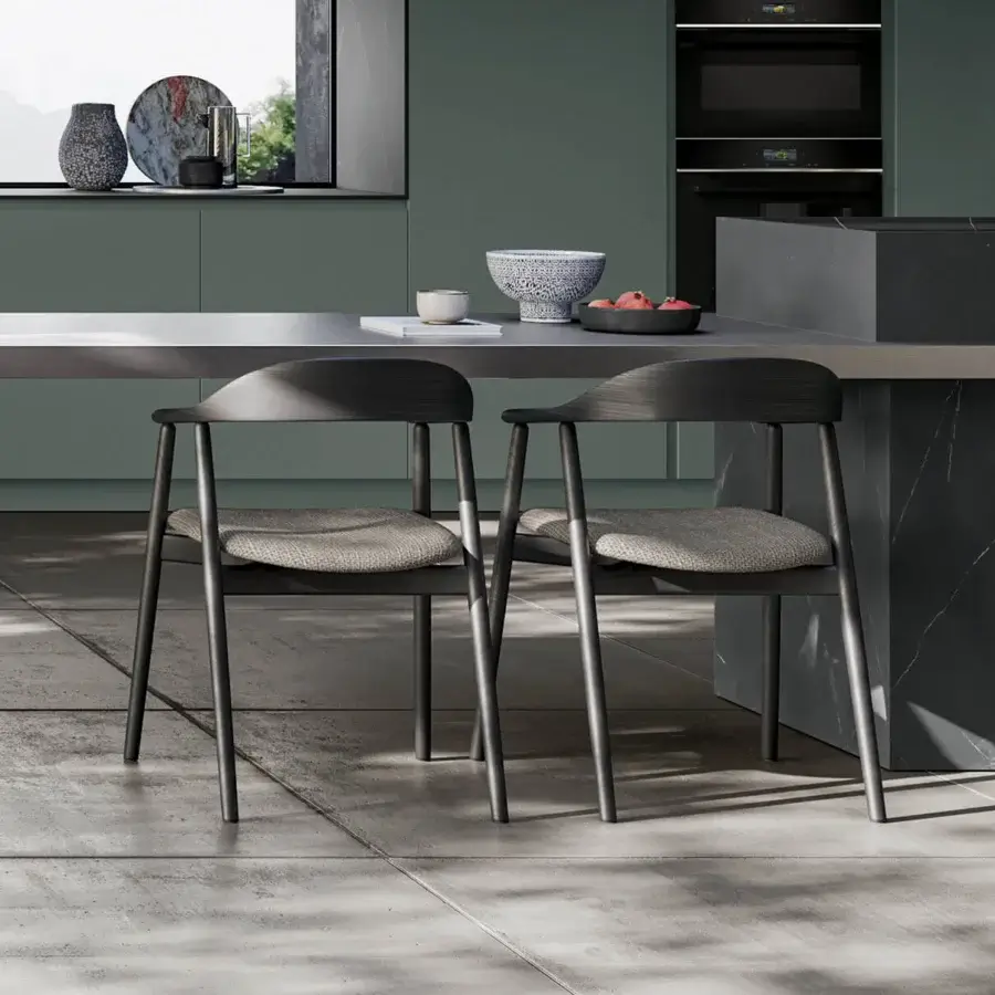 Superior Dallagnese Wolly chair in dark gray wood with lighter gray woven fabric, displaying a gently curved silhouette