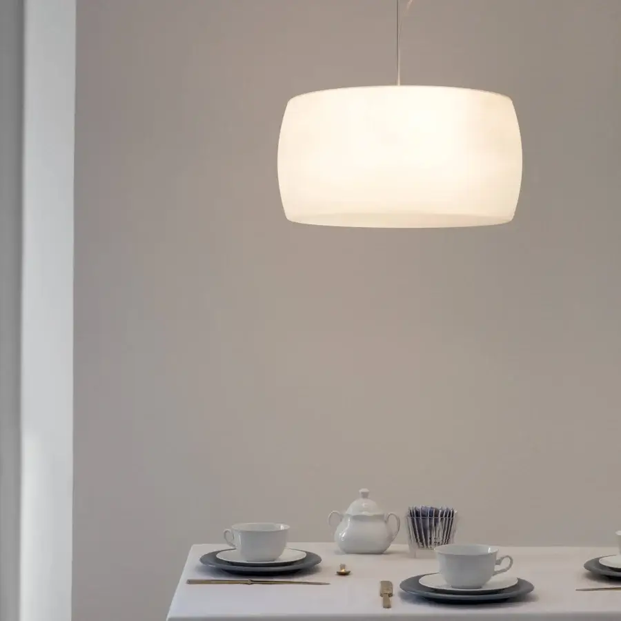 Distinguished Nemo Sirius suspension lamp with circular white glass diffuser and nickel-finished central structure crafted in Italy
