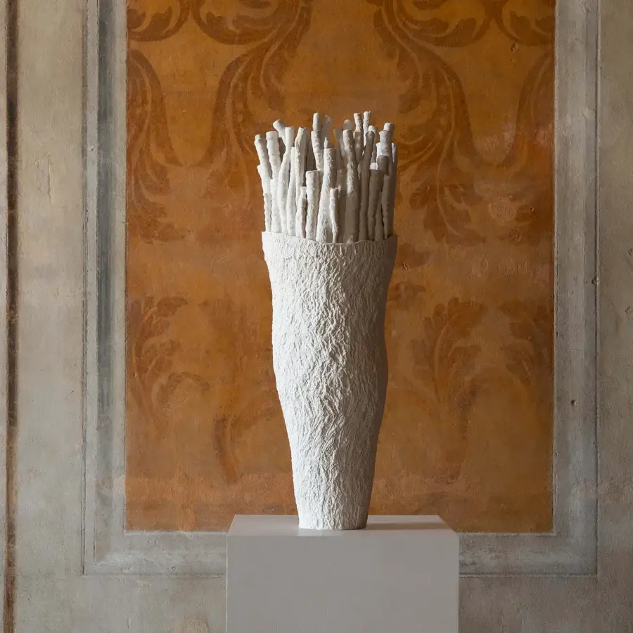 Distinguished FOS Ceramiche Akanthos vase crafted in white biscuit porcelain with a subtly textured matte finish