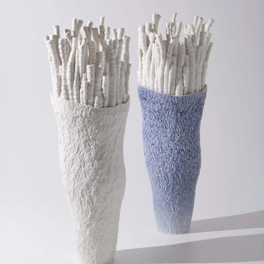 Elegant FOS Ceramiche Akanthos vase handcrafted in white biscuit porcelain with a heavily textured matte finish
