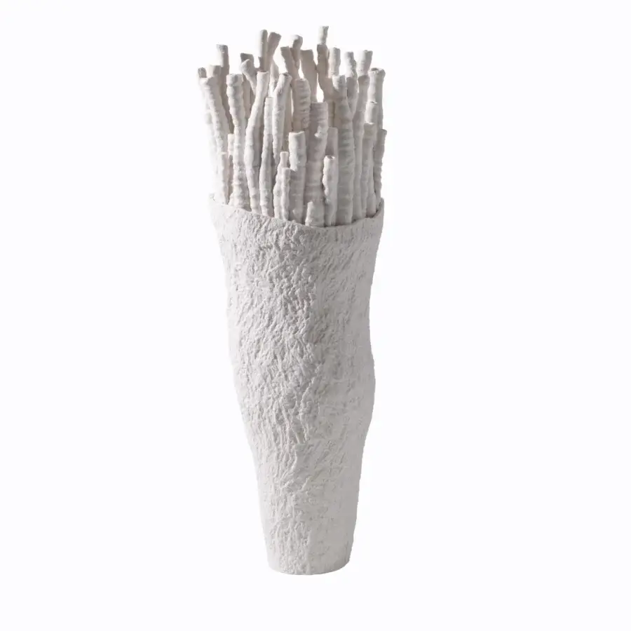 Exceptional FOS Ceramiche Akanthos vase sculpted from white biscuit porcelain with eroded textures and a smooth interior