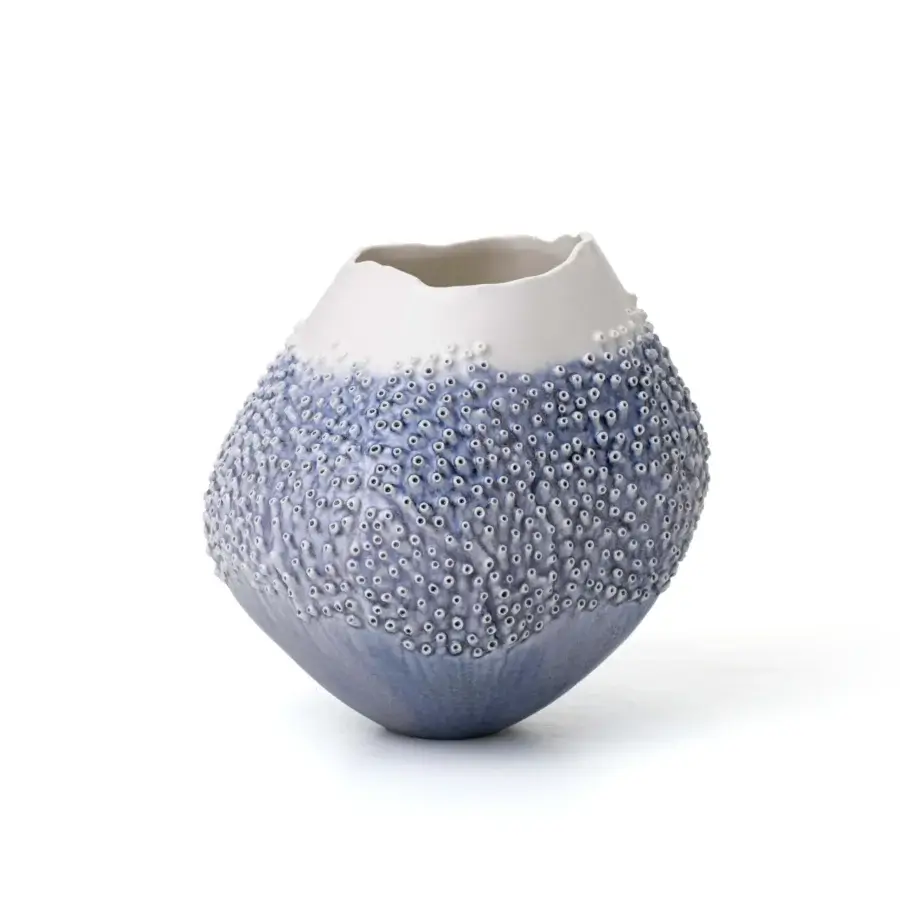 Distinguished FOS Ceramiche Oceania blue vase crafted in Italian porcelain with a matte to satin finish and unique chromatic variations