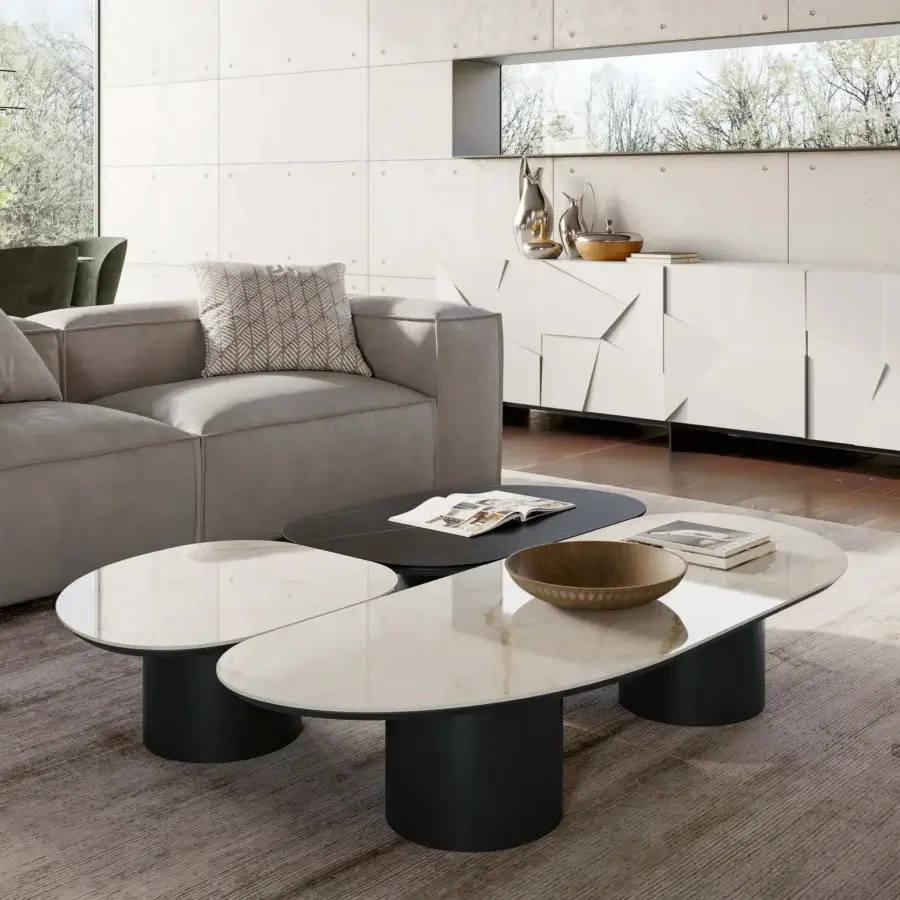 Distinctive Dallagnese Atollo coffee table with organically shaped stoneware and sleek black metal base