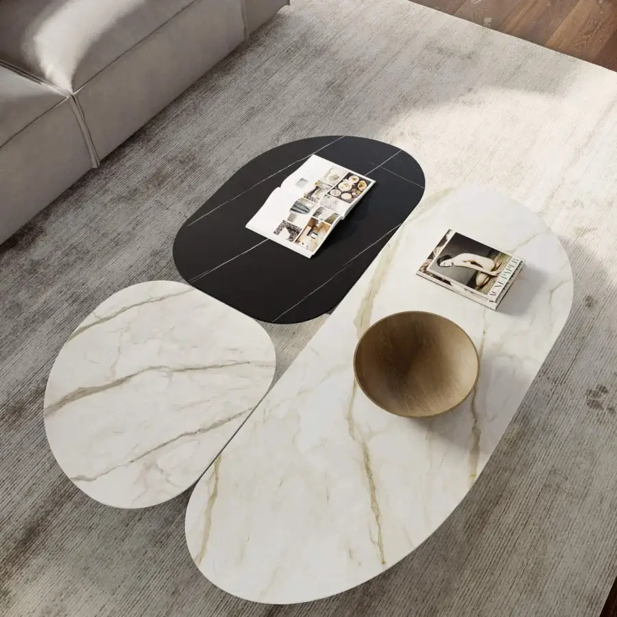 Superior Dallagnese Atollo coffee table with organically shaped stoneware in white and cream, contrasted by a dark matte central element