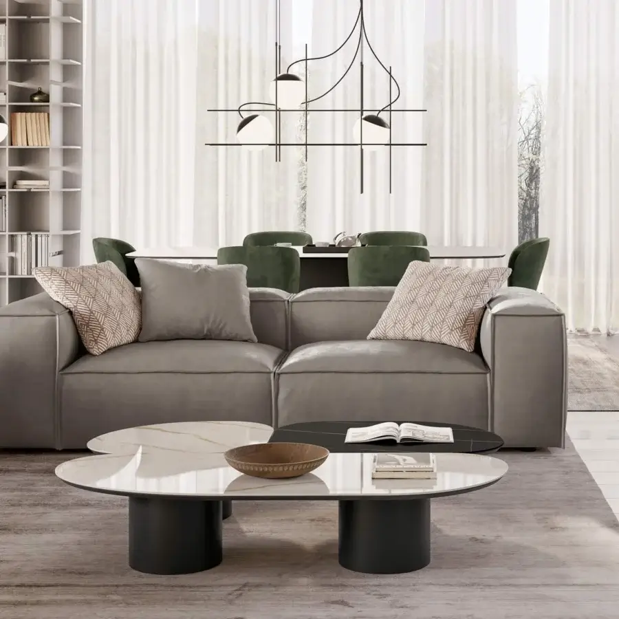 Elegant Dallagnese Atollo coffee table with glossy marbled glass and dark matte cylindrical metal base