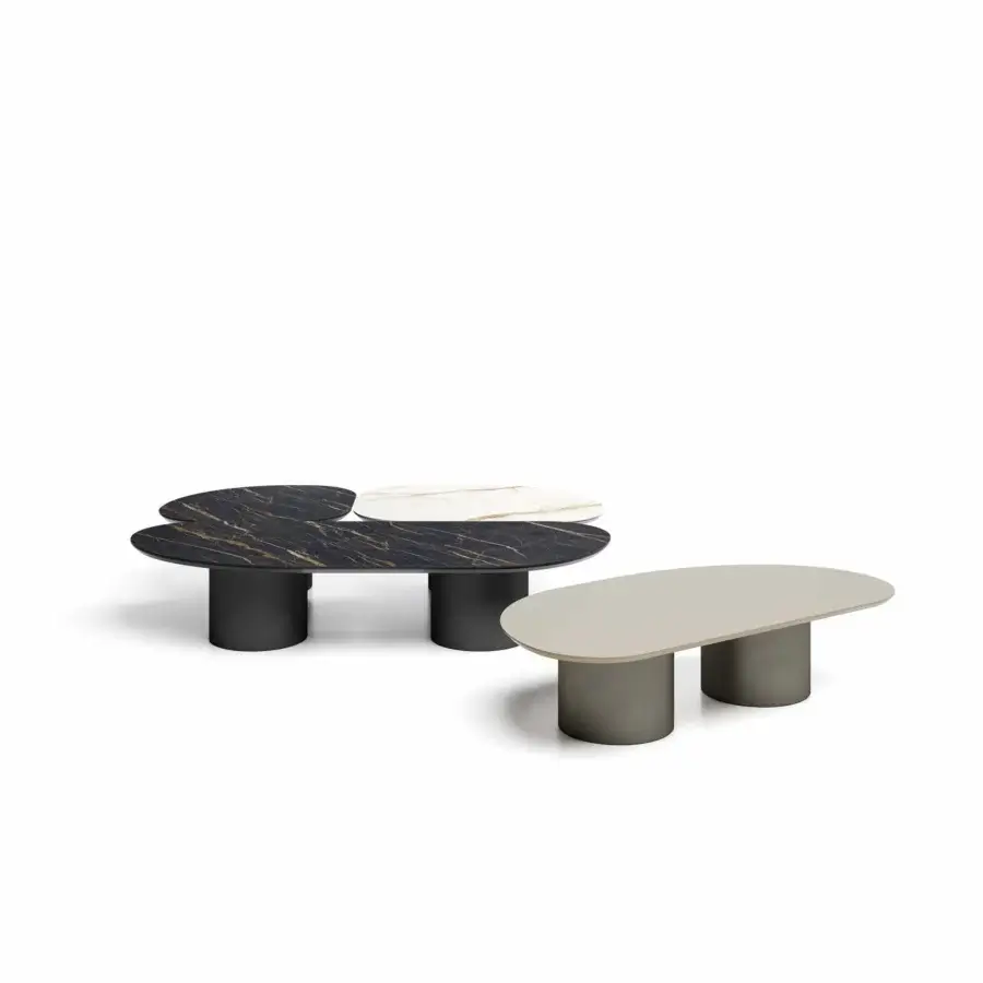 Distinguished Dallagnese Atollo coffee table with polished black and white stone surface and cylindrical metal base