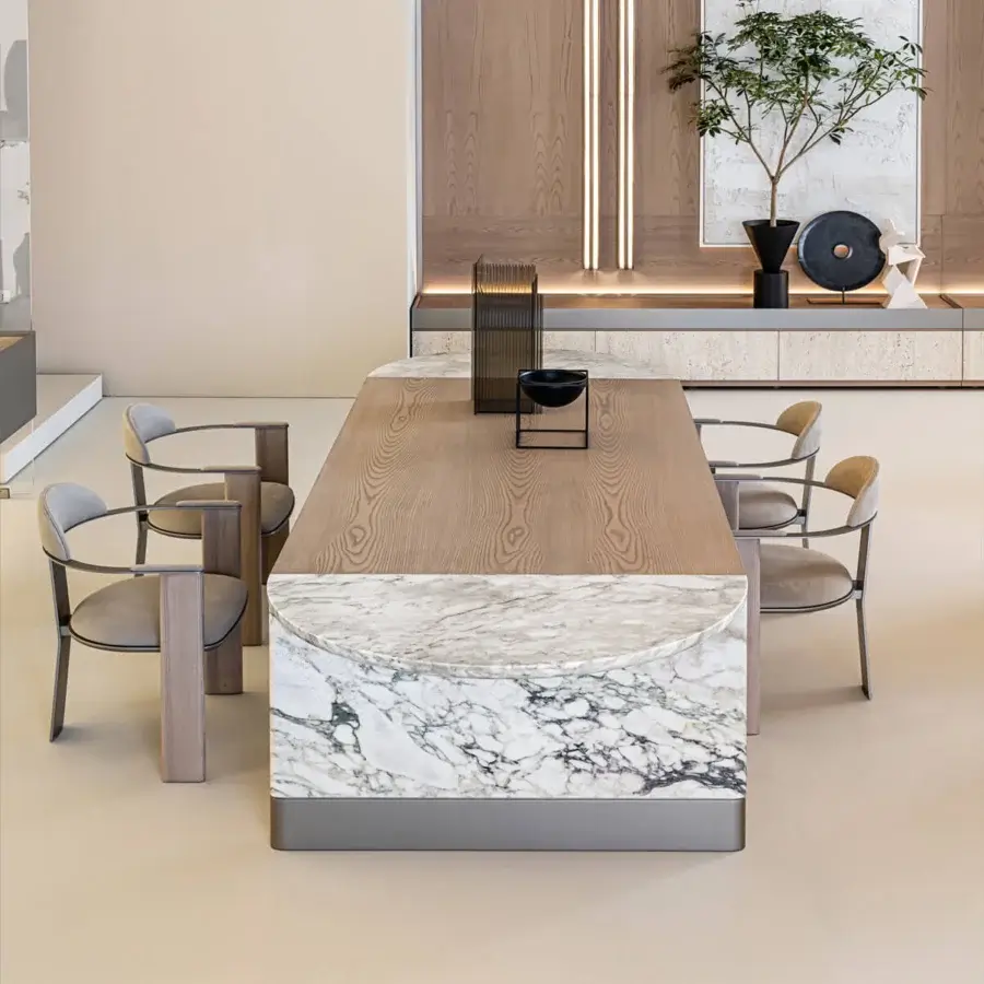 Superior Shake Mayfair table with warm solid ash wood and cool honed Breccia Capraia marble showcasing balanced proportions