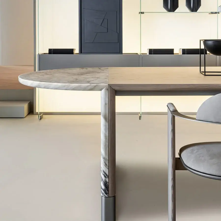 Distinguished Shake Mayfair table crafted with satin solid ash wood and honed Breccia Capraia marble inserts