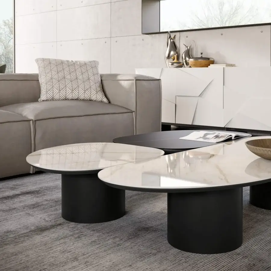 Exceptional Dallagnese Atollo coffee table with creamy off-white stoneware and sleek cylindrical metal base