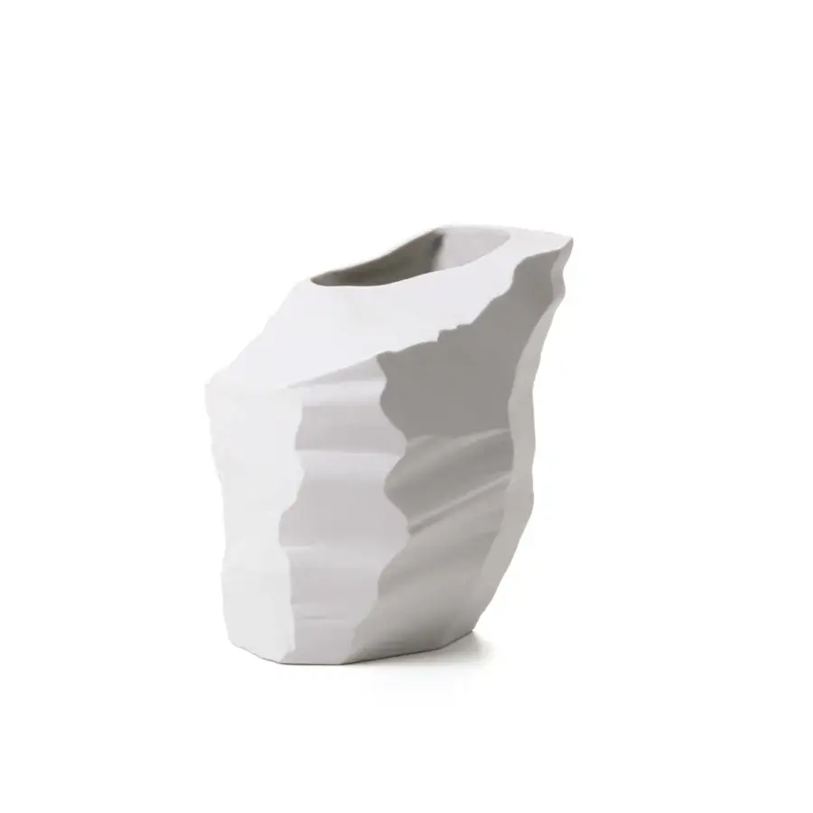 Distinguished FOS Ceramiche Artika vase sculpted from precious porcelain with glacier-like facets and pure white matte finish